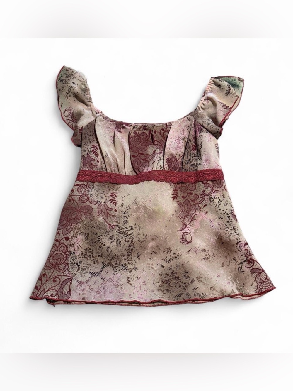 Rare babydoll Y2K pink & burgundy floral print blouse with lace trim and ruffles